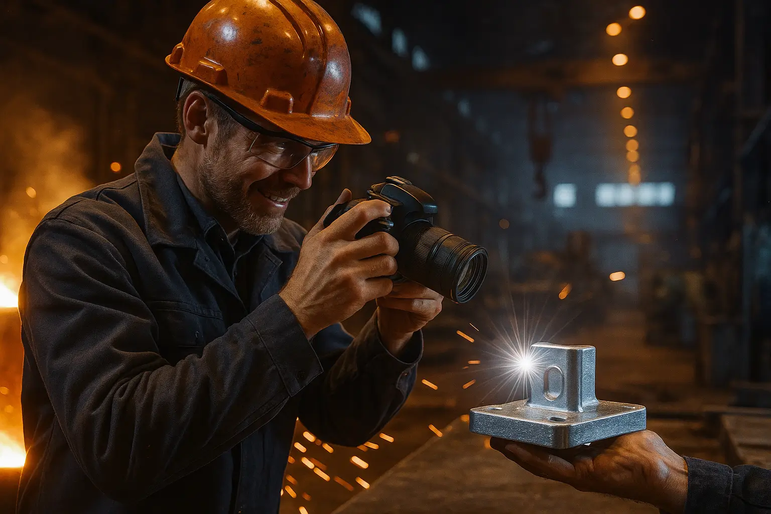 инженер фотографирует алюминиевую деталь