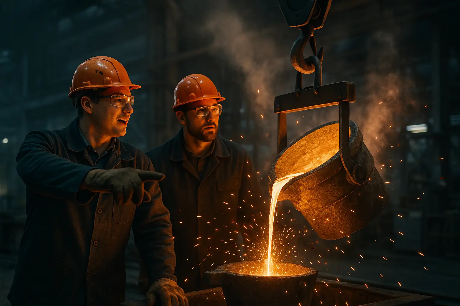 рабочий указывает путь крану