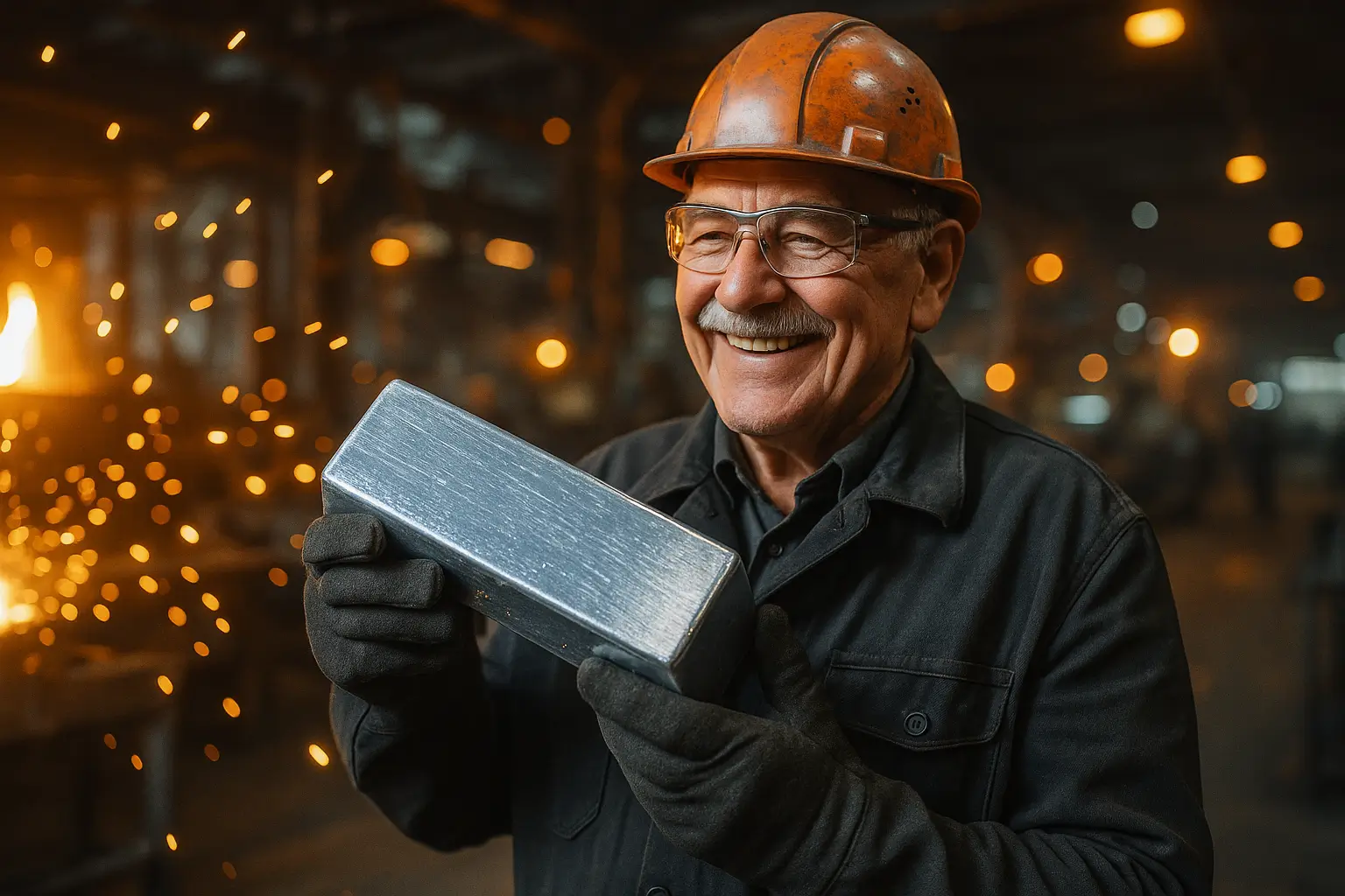 рабочий держит алюминиевую заготовку