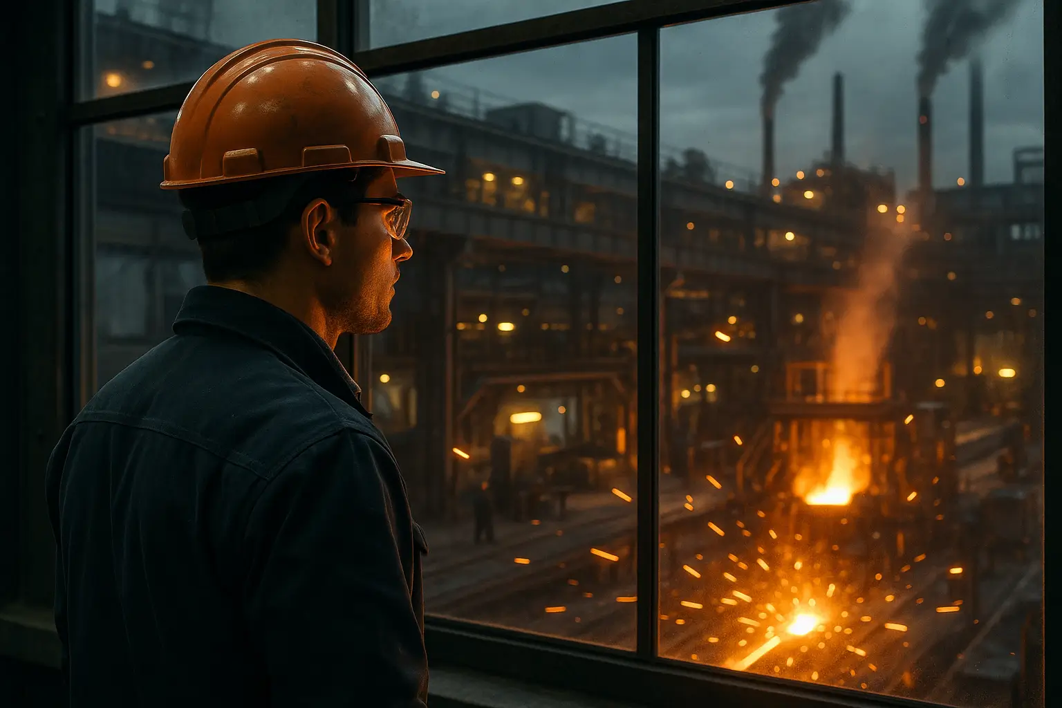 инженер смотрит на алюминиевый завод