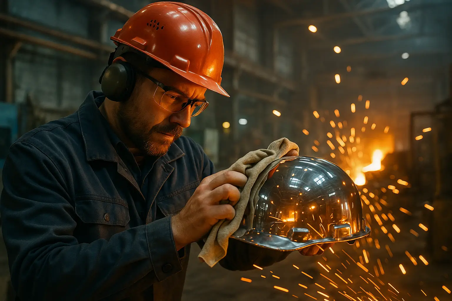 мастер протирает шлем с отражением искр