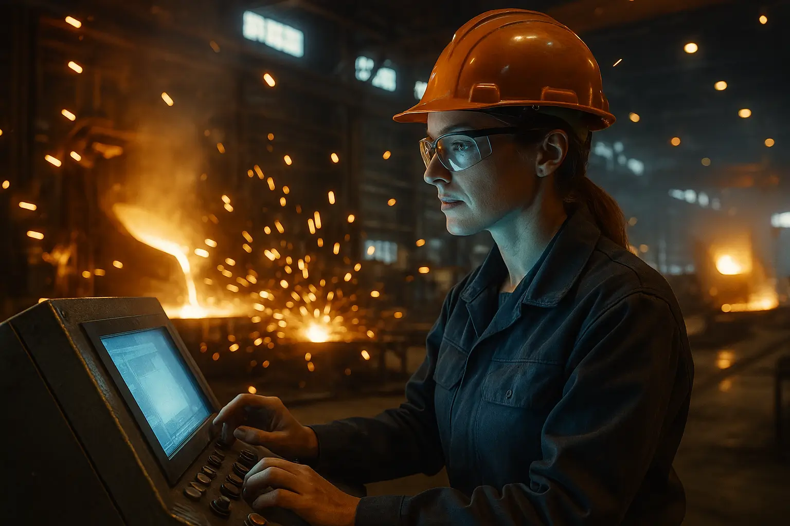 инженер у пульта управления в цехе