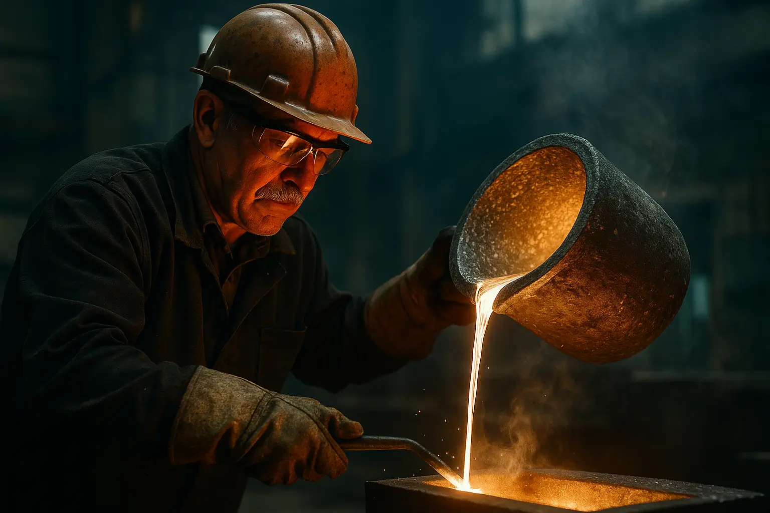 мастер выливает жидкий алюминий