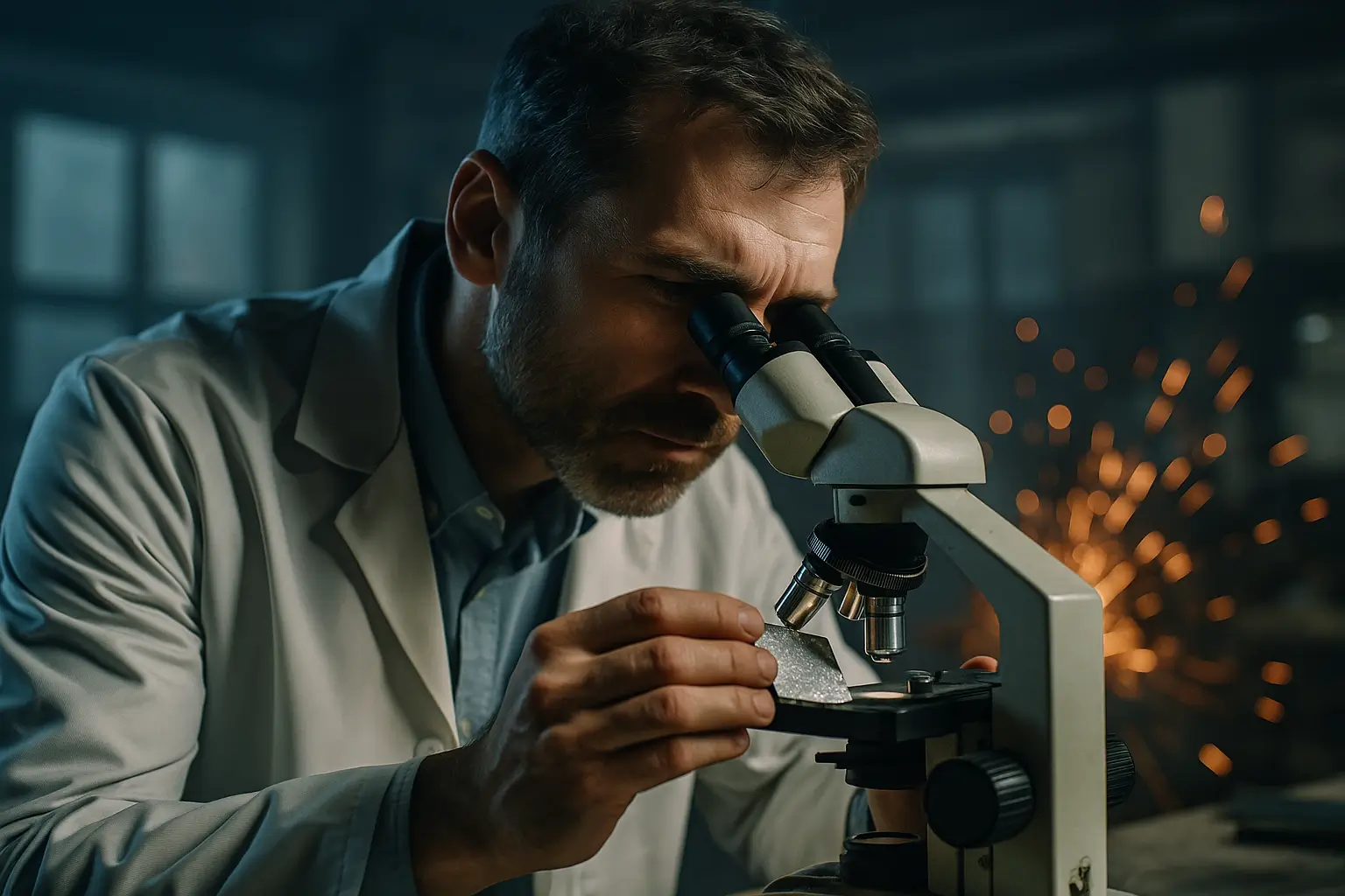 технолог изучает образец алюминия