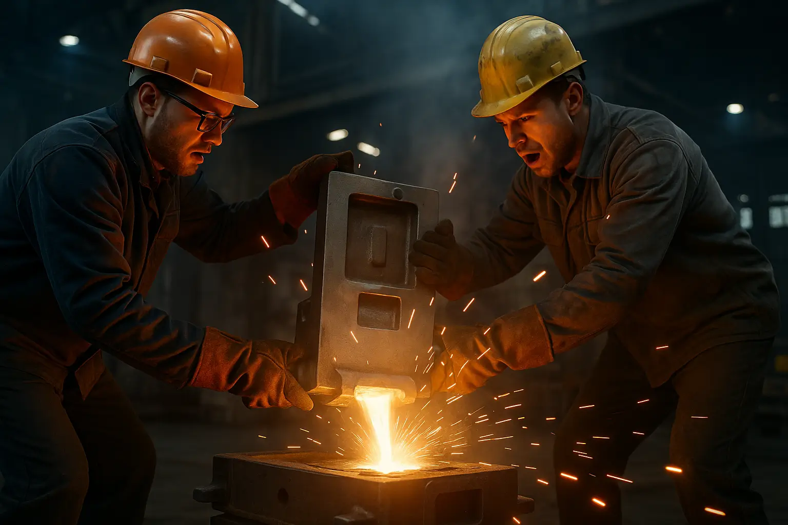 рабочие устанавливают форму для литья