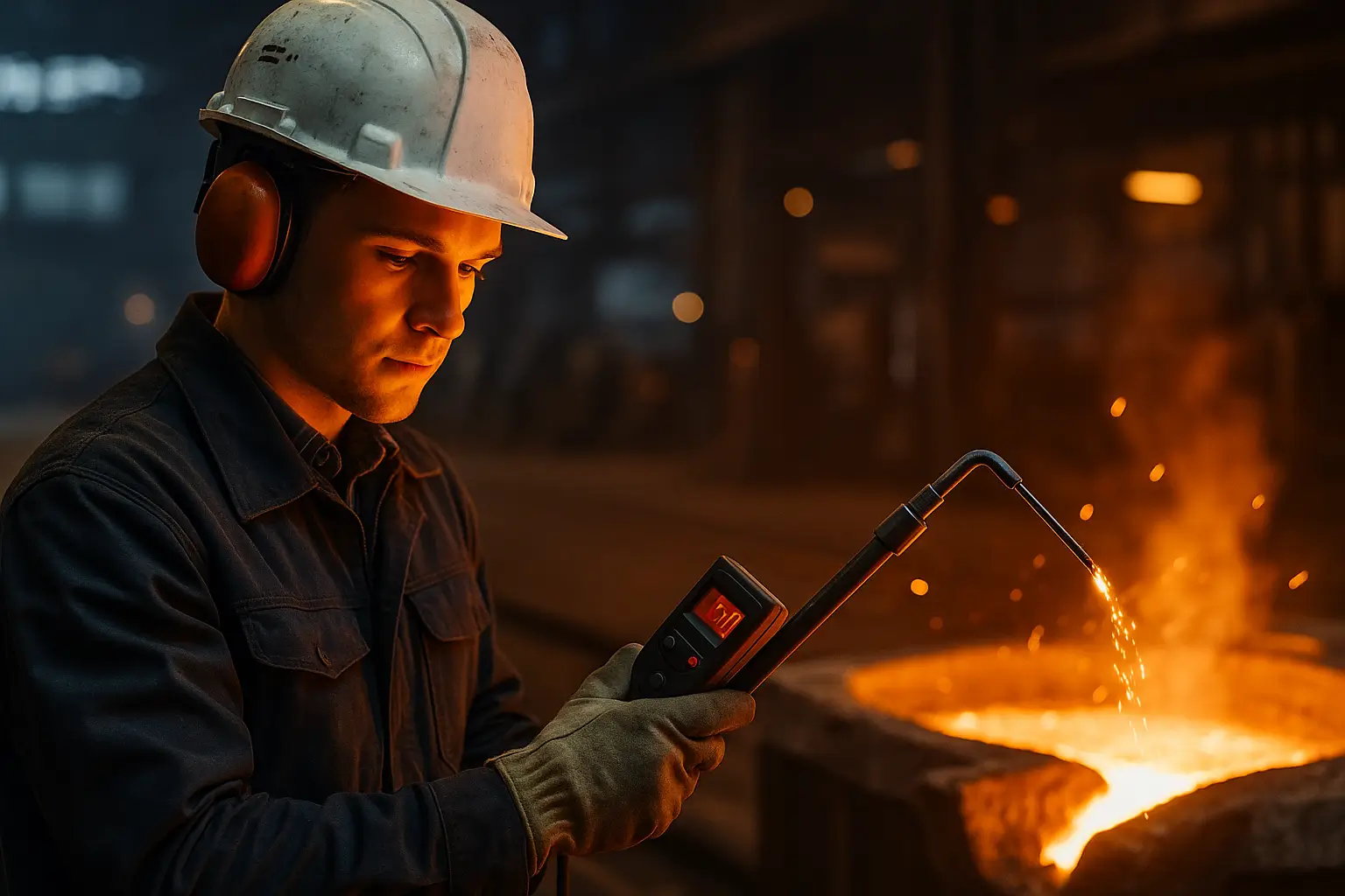 технолог измеряет расплав алюминия